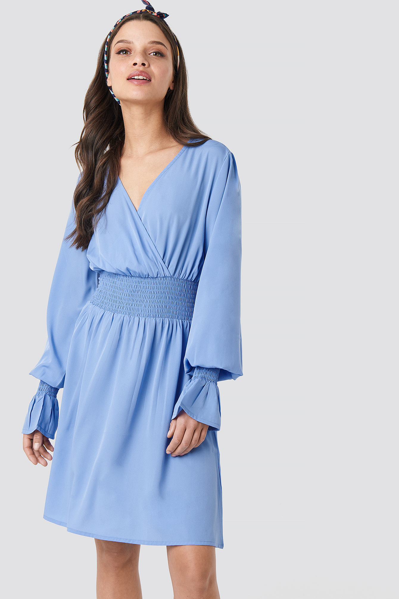 Shirred Waist Wrap Mini Dress Blue | na ...